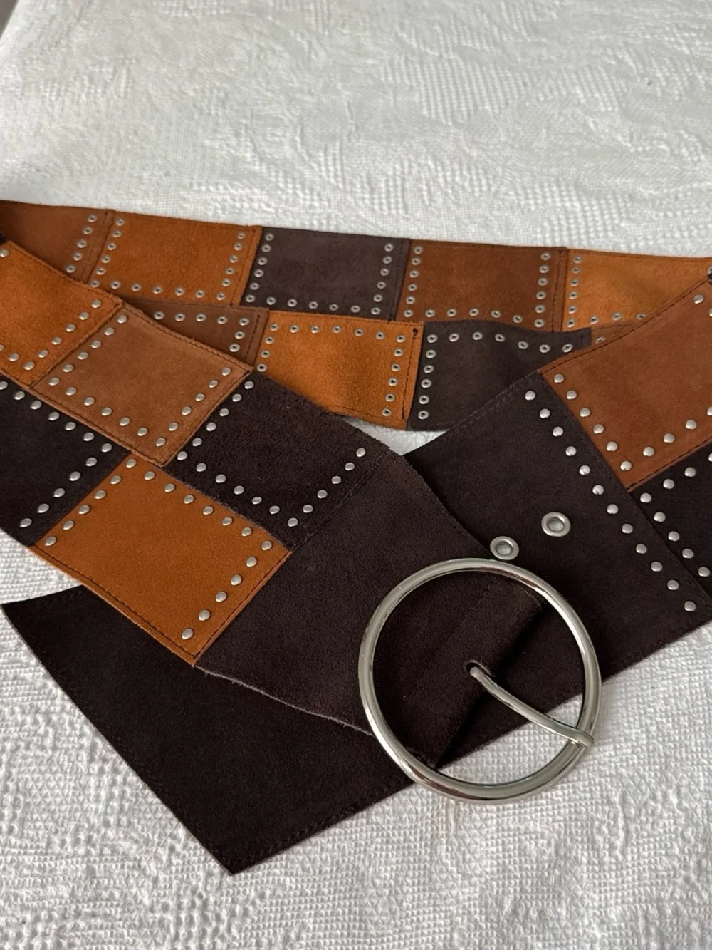 Michael Kors Studded Patchwork Wide Leather Belt - Brown & Tan
